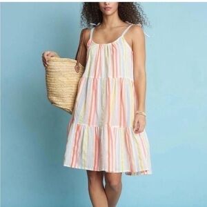 LemLem Dress Tirunesh Knee-Length Cascade in Striped White Neon Pink